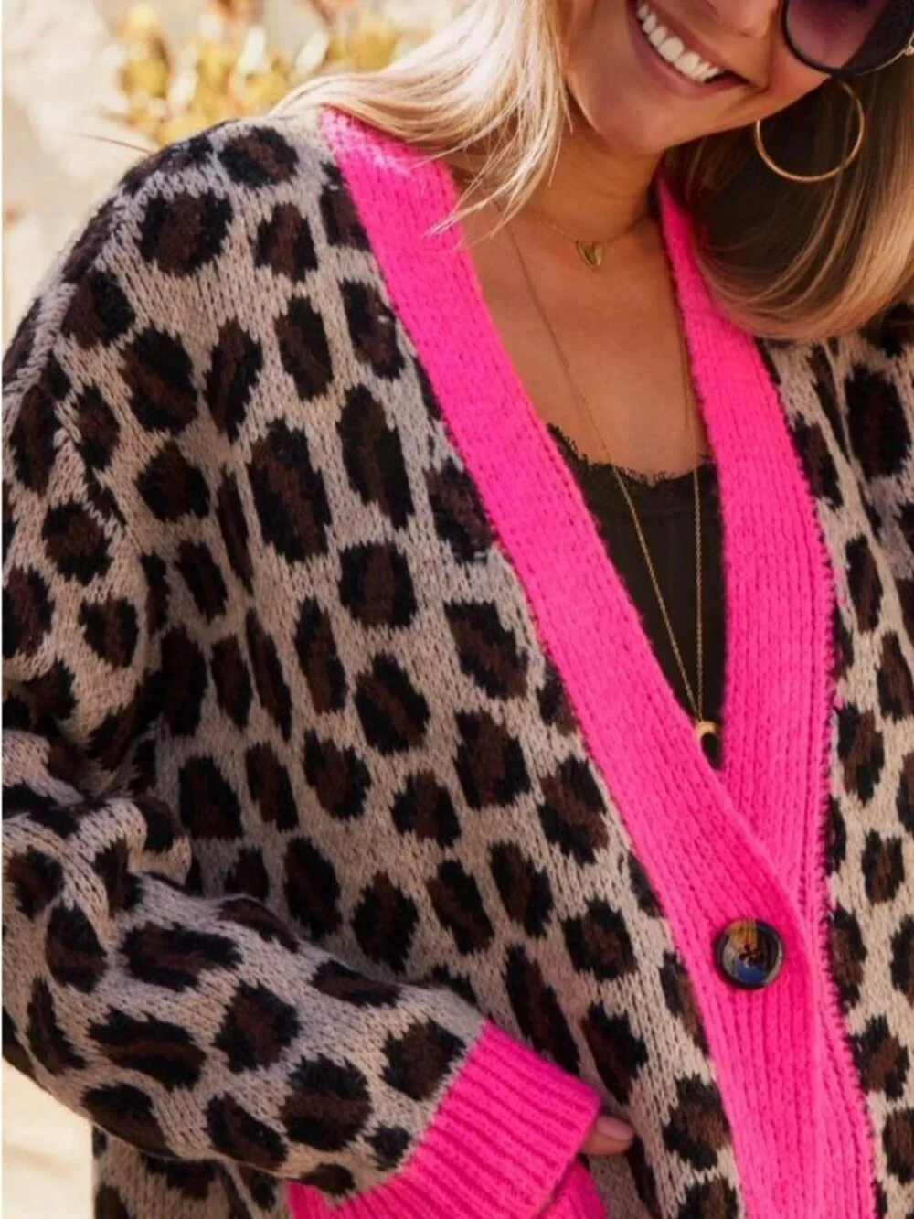 Multicolor Women's Leopard Print Contrast Binding V-Neck Button Cardigan